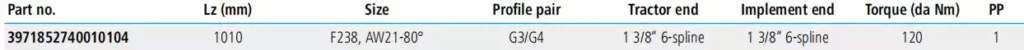 Replacement of Weasler PTO Shaft Replacement One-sided wide angle with radial pin clutch F238 AW21-80 1010mm G3/G4