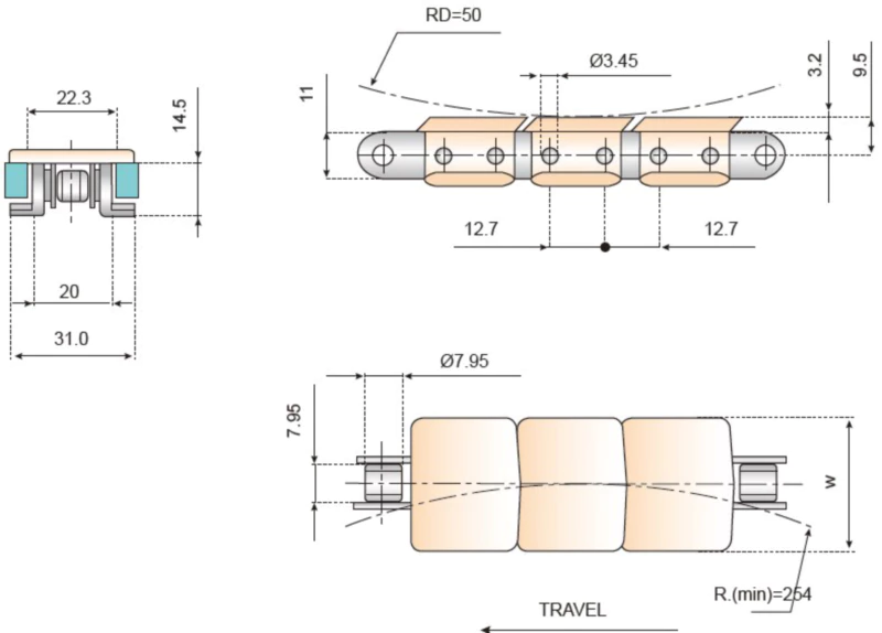 Plastic Conveyor Chains Sideflexing Plastic Chains With Base Roller Chains 12.7mm(1/2 inch)Pitch Replacement Of System Plast LF1843-K125
