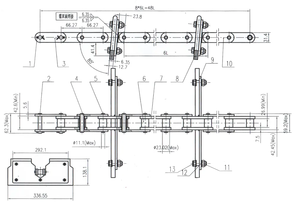 81X Series Chain with Welded Attachment for Grain Silo Equipment 81XH-W292F2.6L-00(48L)