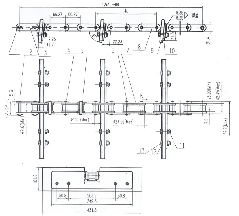 81X Series Chain with Welded Attachment for Grain Silo Equipment 81XH-W350.4L-00(48L)