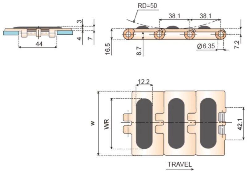 Plastic Flat Top Chains With Rubber Top Replacement Of System Plast 820-K450G