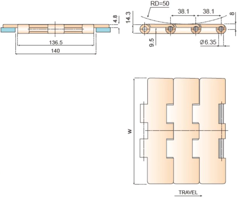 Plastic Flat Top Chain Double Hinge Straight Replacement Of System Plast 821