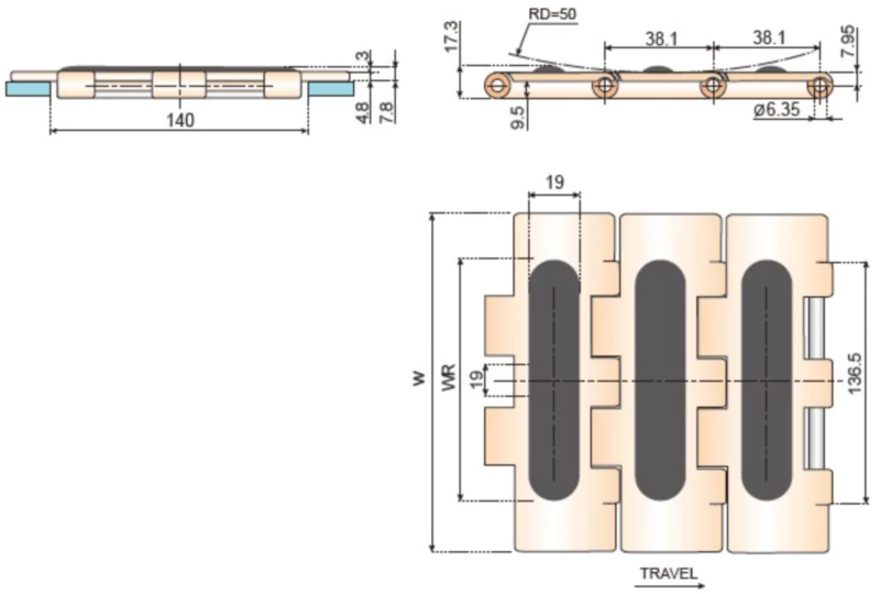 Plastic Flat Top Chains With Rubber Top Replacement Of System Plast 821-K1200G