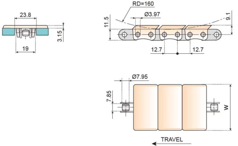 Plastic Conveyor Chains Straight Running Plastic Chains With Base Roller Chains 12.7mm(1/2 inch)Pitch LF843 - K325