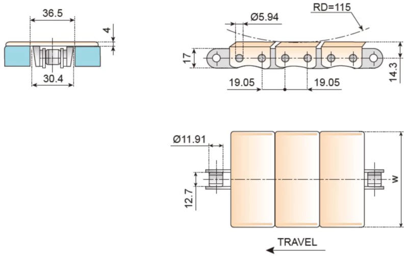 Plastic Conveyor Chains Straight Running Plastic Chains With Base Roller Chains 19.05mm(3/4 inch)Pitch LF863(963) - K750