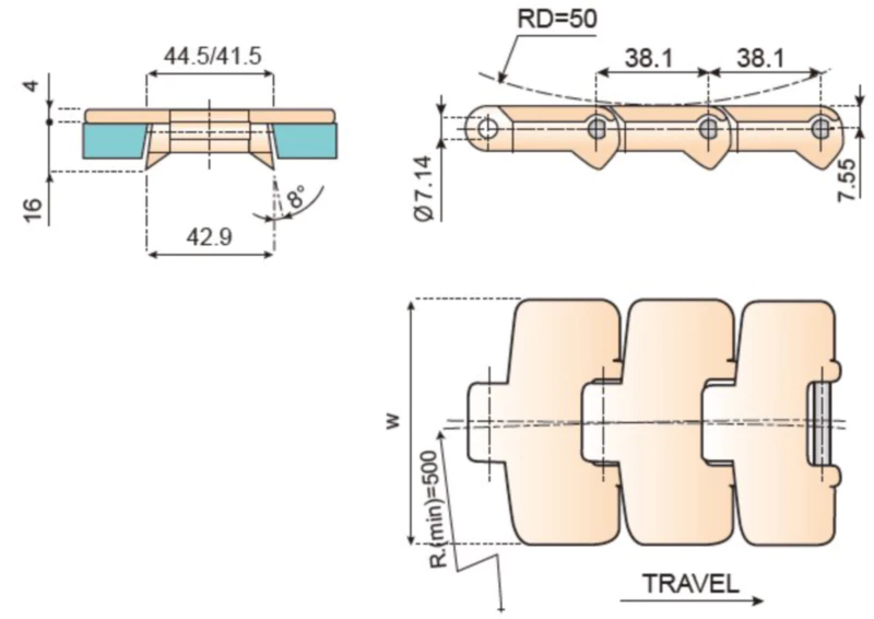 Plastic Flat Top Chain Bevel Sideflexing Replacement Of System Plast 880