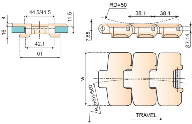 Plastic Flat Top Chain Sideflexing Replacement Of System Plast 880TAB