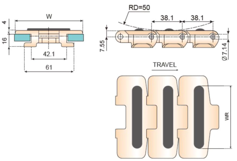 Plastic Flat Top Chains With Rubber Top Replacement Of System Plast 880TAB-K325G