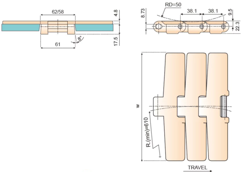 Plastic Flat Top Chain Bevel Sideflexing Replacement Of System Plast 882