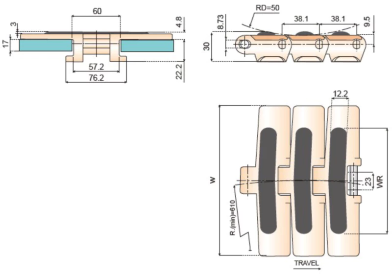 Plastic Flat Top Chains With Rubber Top Replacement Of System Plast 882TAB-K600G