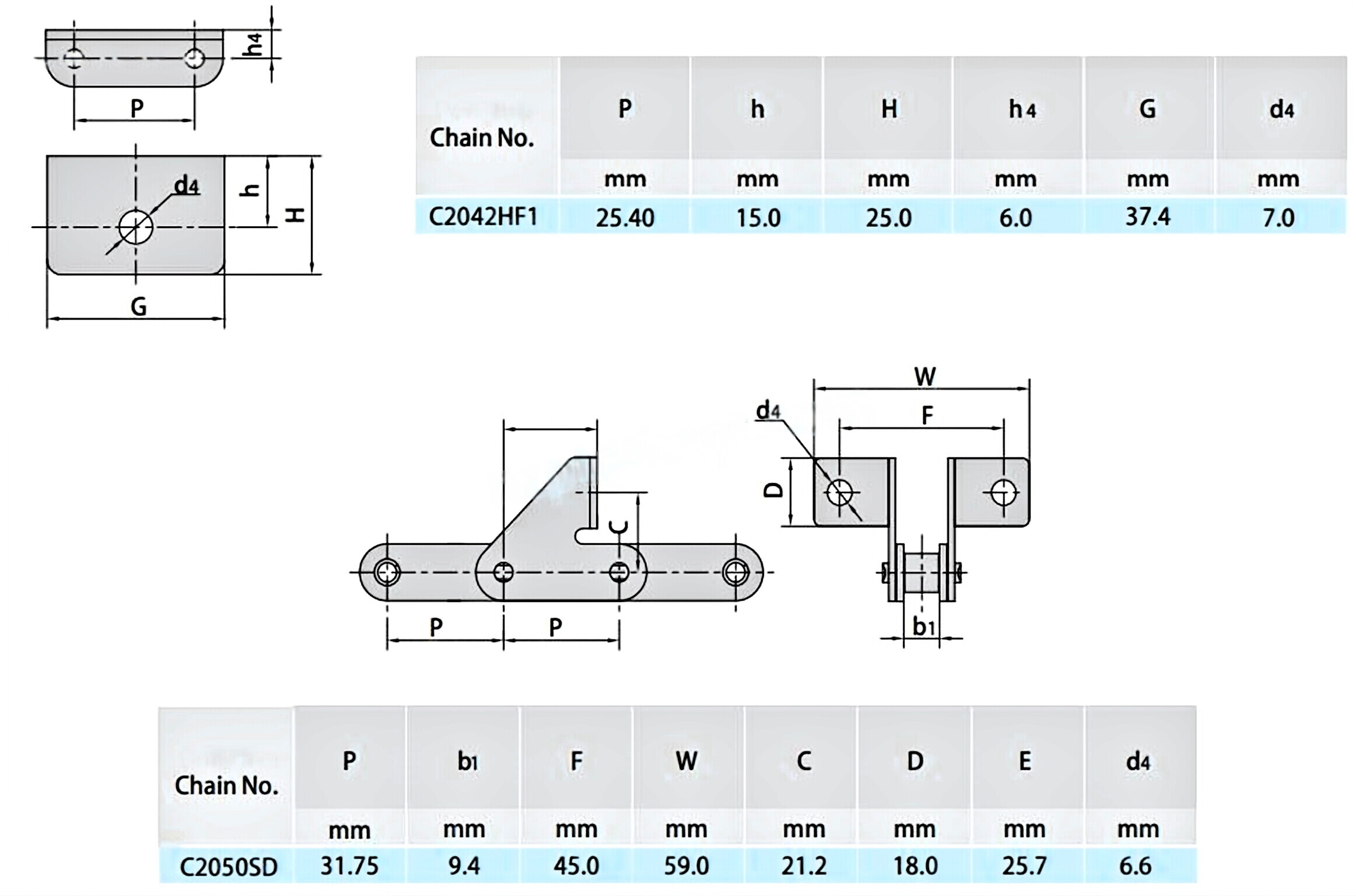 Double Pitch Conveyor Chain Special Attachments C2042HF1 C2050SD C2052A1F1 C2062HA1F4