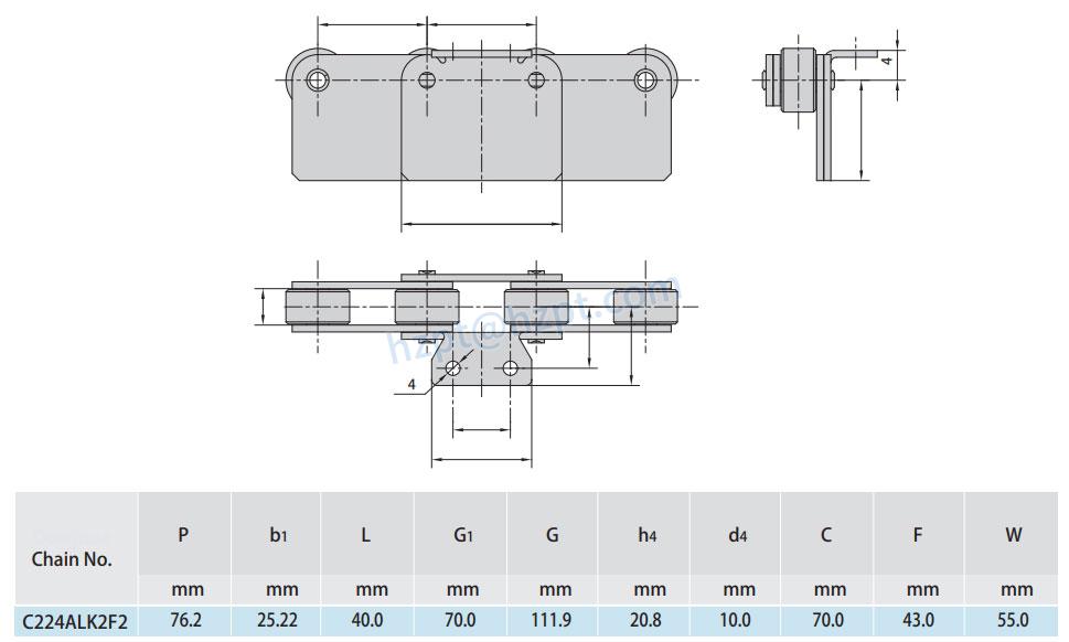 Double Pitch Conveyor Chain Special Attachments C2100HF4 C224ALK2F2 C2080HF6 C2080HF11