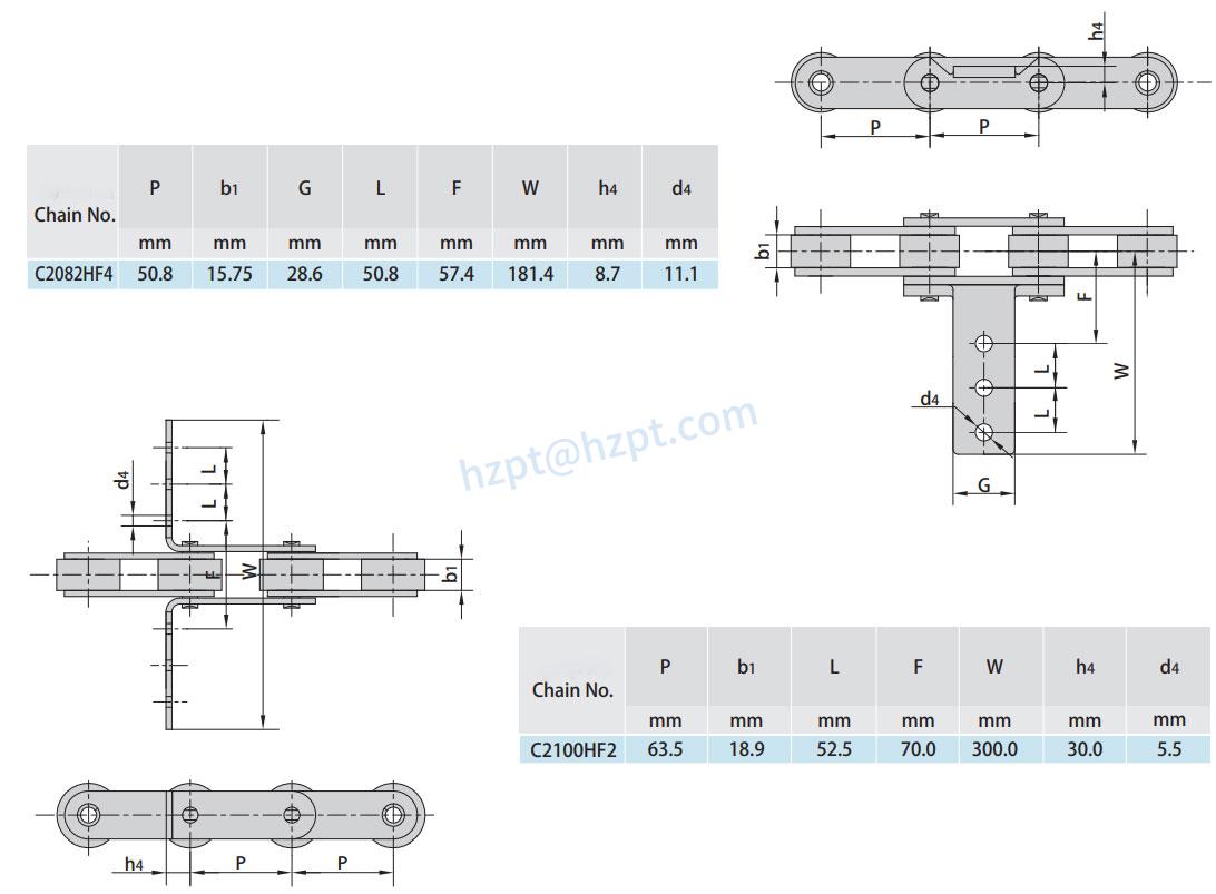 Double Pitch Conveyor Chain Special Attachments C2100HF4 C224ALK2F2 C2080HF6 C2080HF11