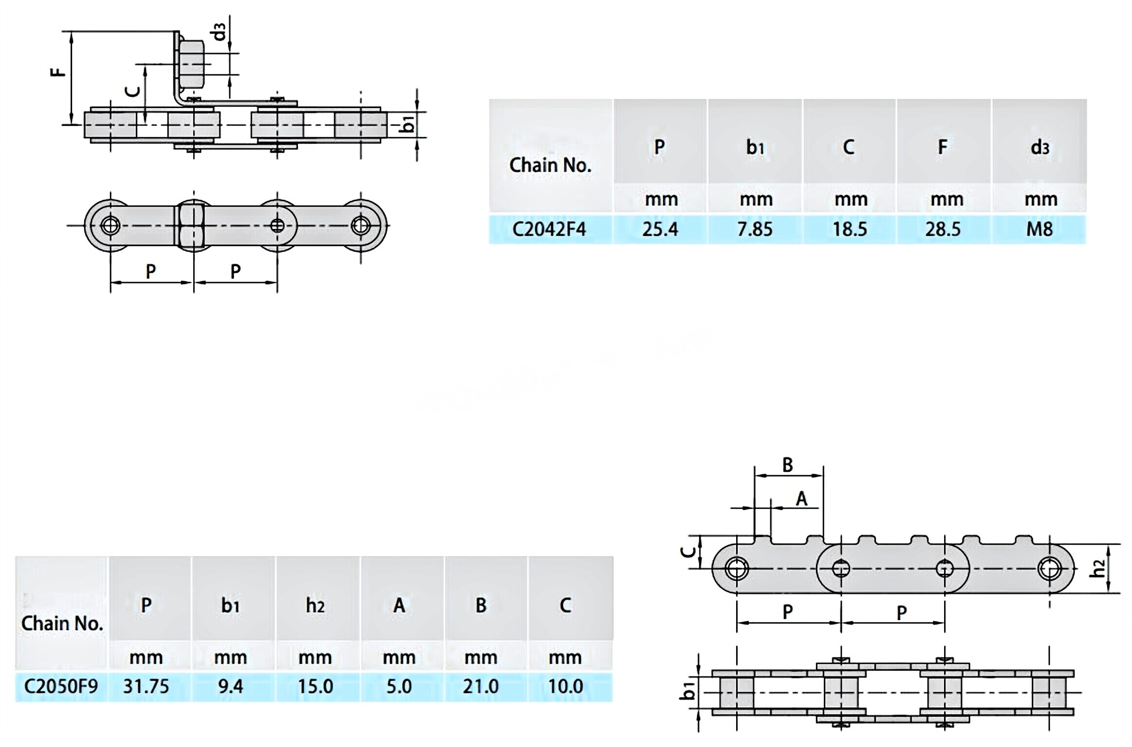 Double Pitch Conveyor Chain Special Attachments C2042HF1 C2050SD C2052A1F1 C2062HA1F4
