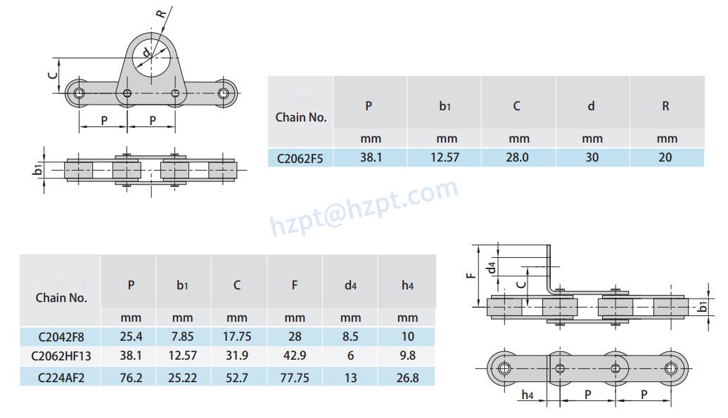 Double Pitch Conveyor Chain Special Attachments C2062F5 C2042F8 C2062HF13 C224AF2