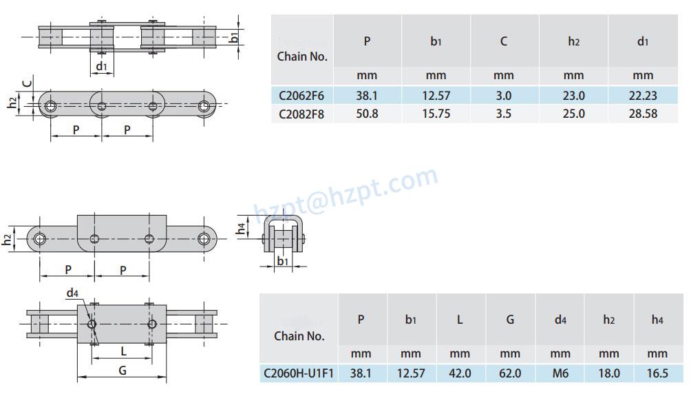 Double Pitch Conveyor Chain Special Attachments C2062F5 C2042F8 C2062HF13 C224AF2