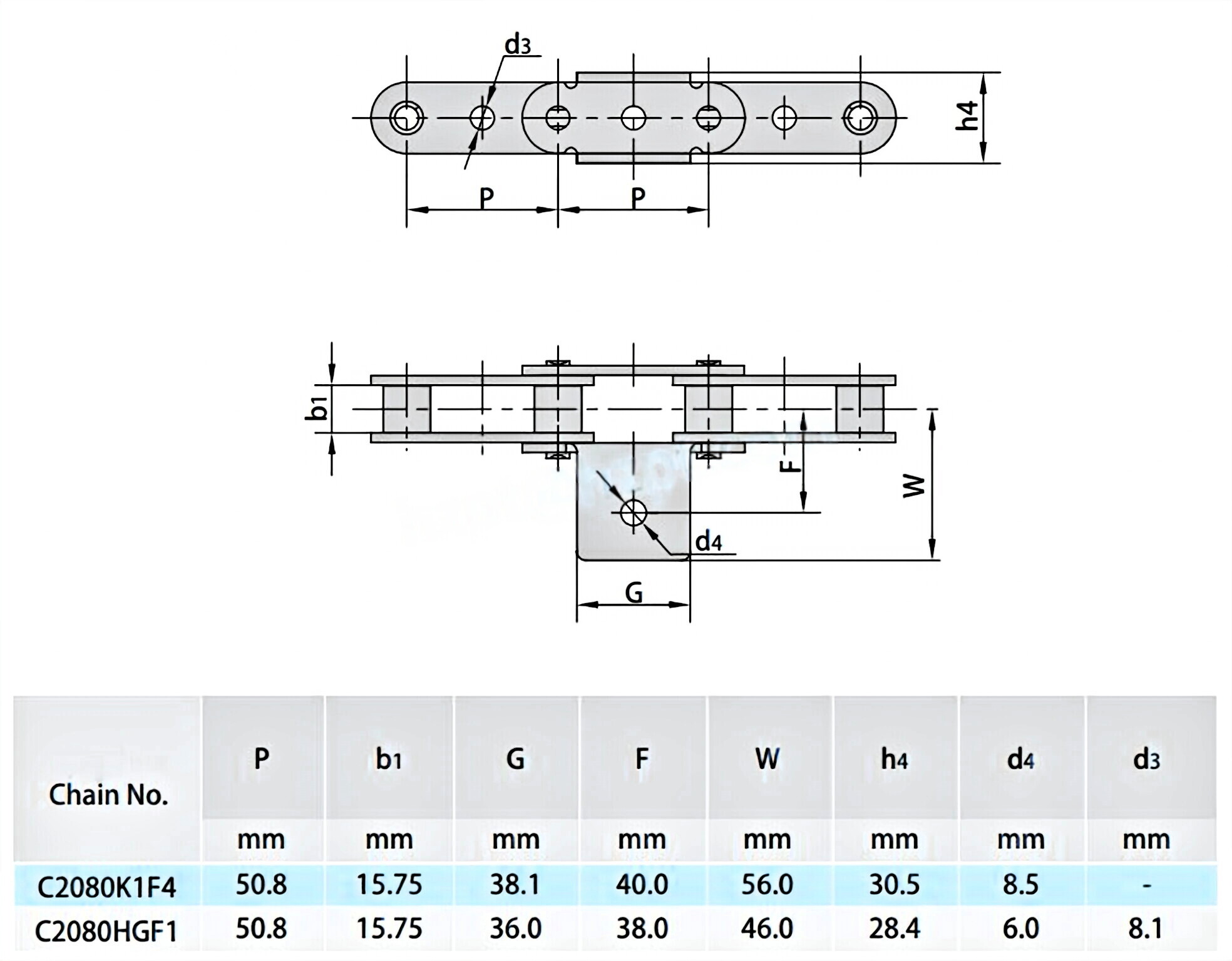 Double Pitch Conveyor Chain Special Attachments C2062F5 C2042F8 C2062HF13 C224AF2