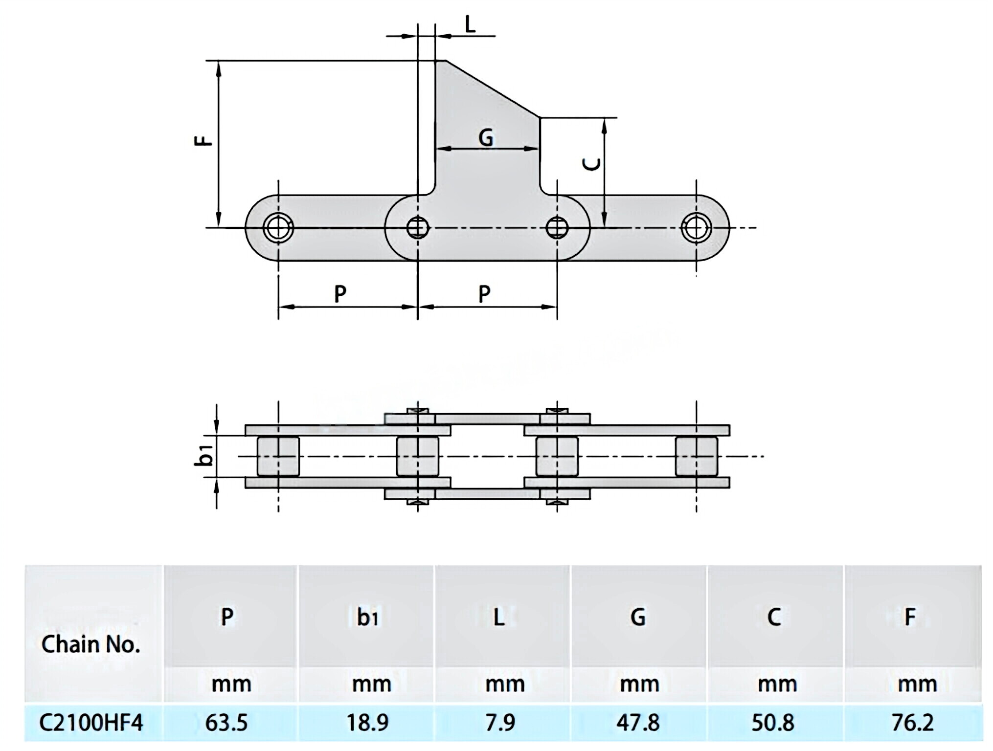 Double Pitch Conveyor Chain Special Attachments C2100HF4 C224ALK2F2 C2080HF6 C2080HF11