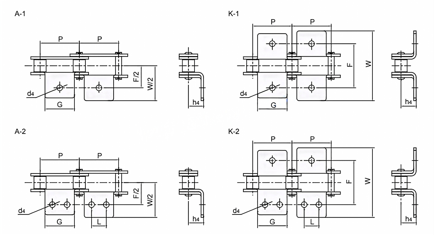 Double Pitch Conveyor Chain Attachments A-1 A-2 K-1 K-2