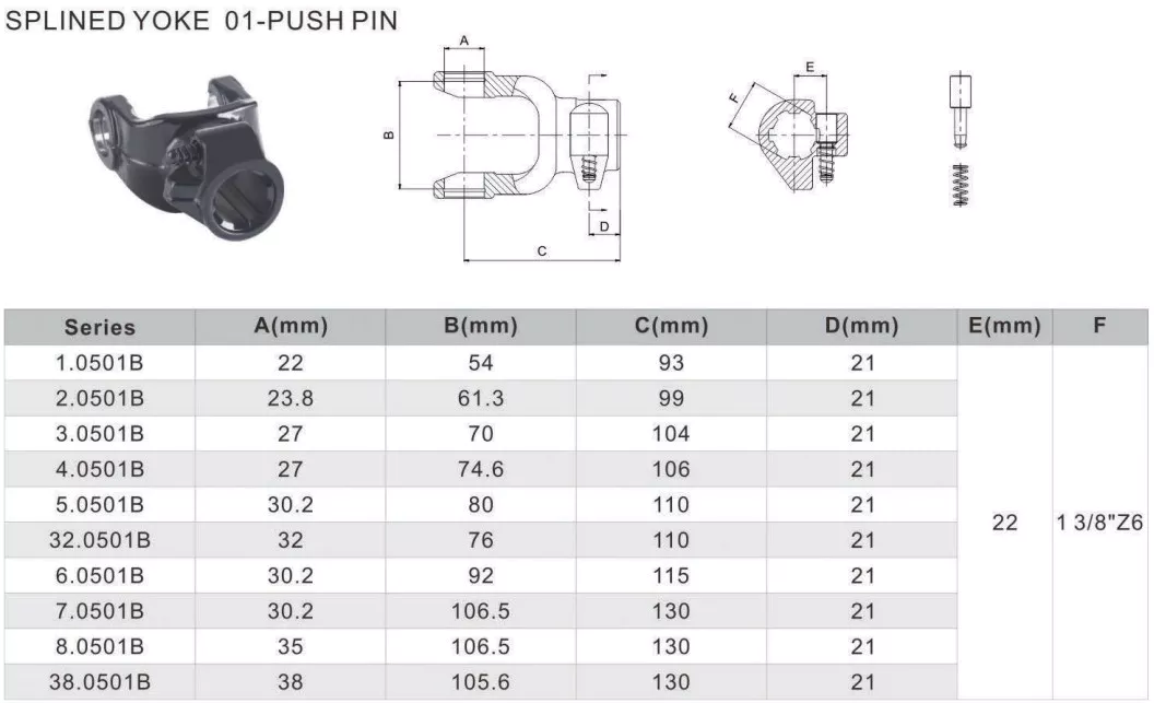 Splined PTO Yoke 1 3/8" Z6 with Push Pin
