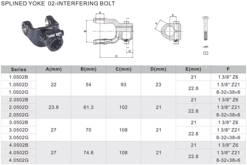 Splined PTO Yoke with Interfering Bolt 1 3/8" Z6 Z21