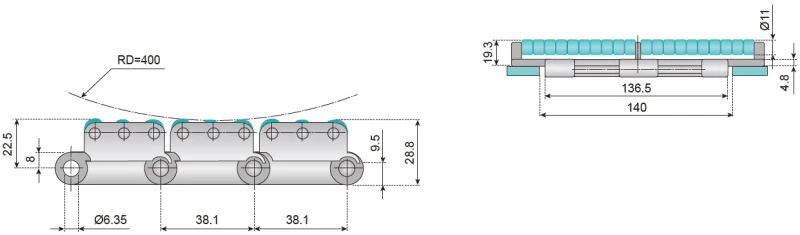 Plastic Flat Top Chains Double Hinge Straight Running With Low Noise Accumulation Rollers Replacement Of System Plast LBP821 - K750