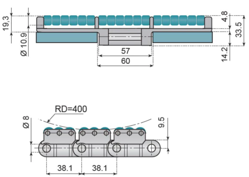 Plastic Flat Top Chains Heavy Duty Single Hinge Straight Running Chains With Low Noise Accumulation Rollers Replacement Of System Plast LBP8257 - K1200