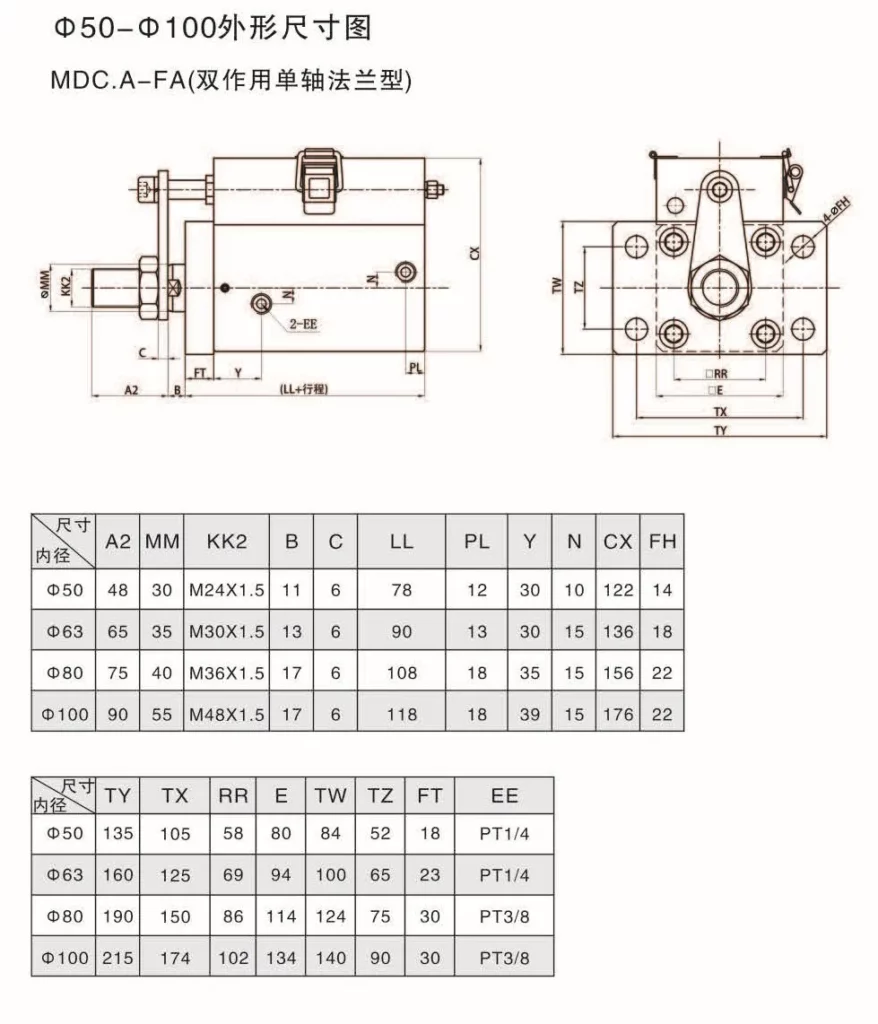 50-100 Double Acting Single Axis Flange Type MDC Series Compact Mold Cylinder