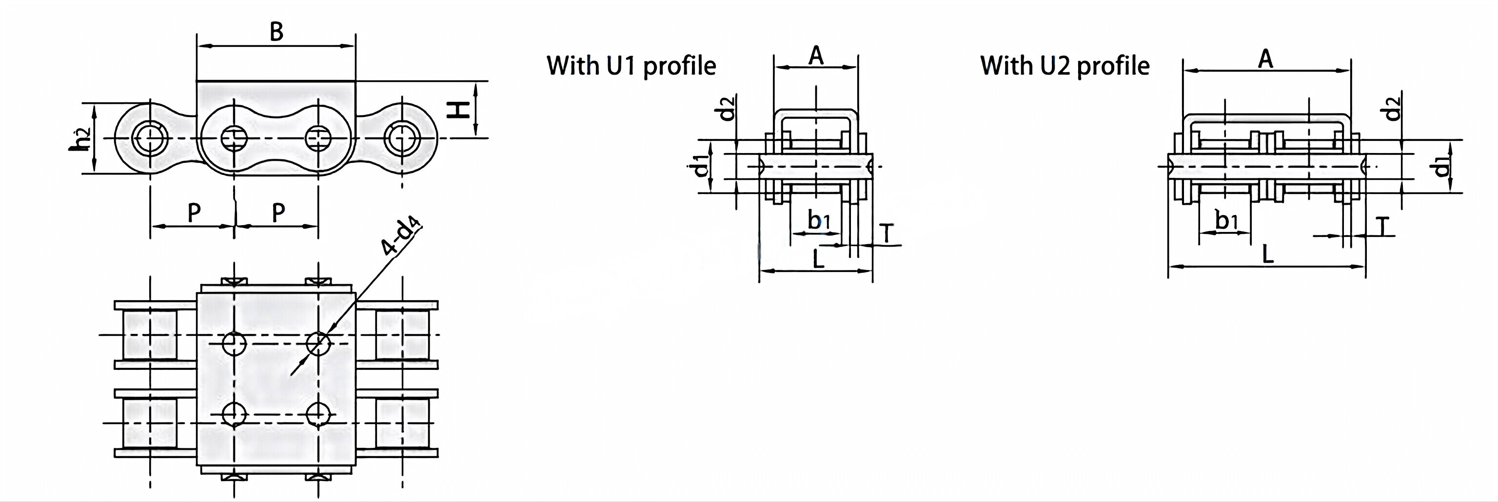 Roller Chains with U Type Attachments 08B-U1 08B-U2 08B-U2F9 12B-U1 12B-U2