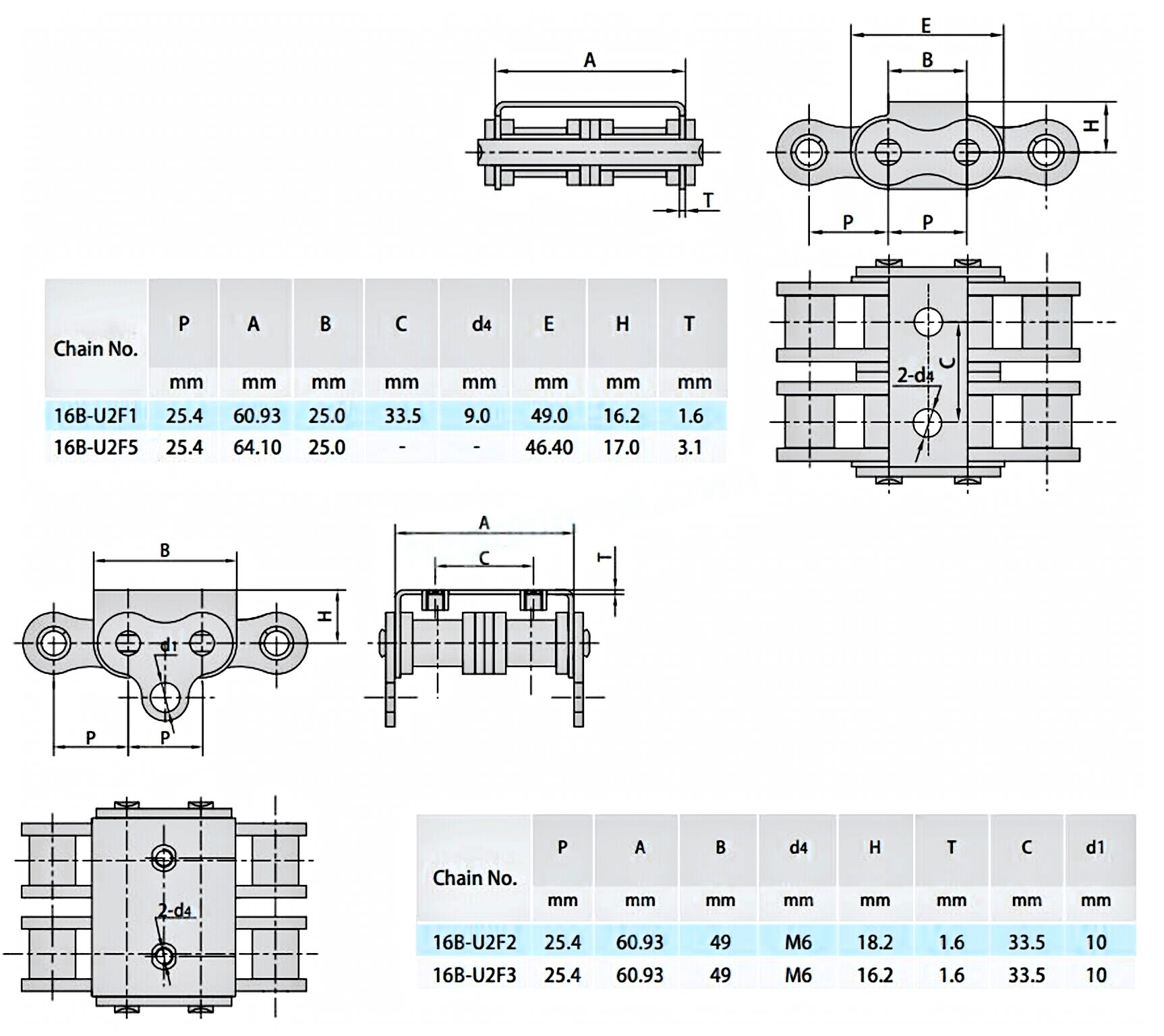 Roller Chains with U Type Attachments 16B-U2F1/16B-U2F5/16B-U2F2/16B-U2F3