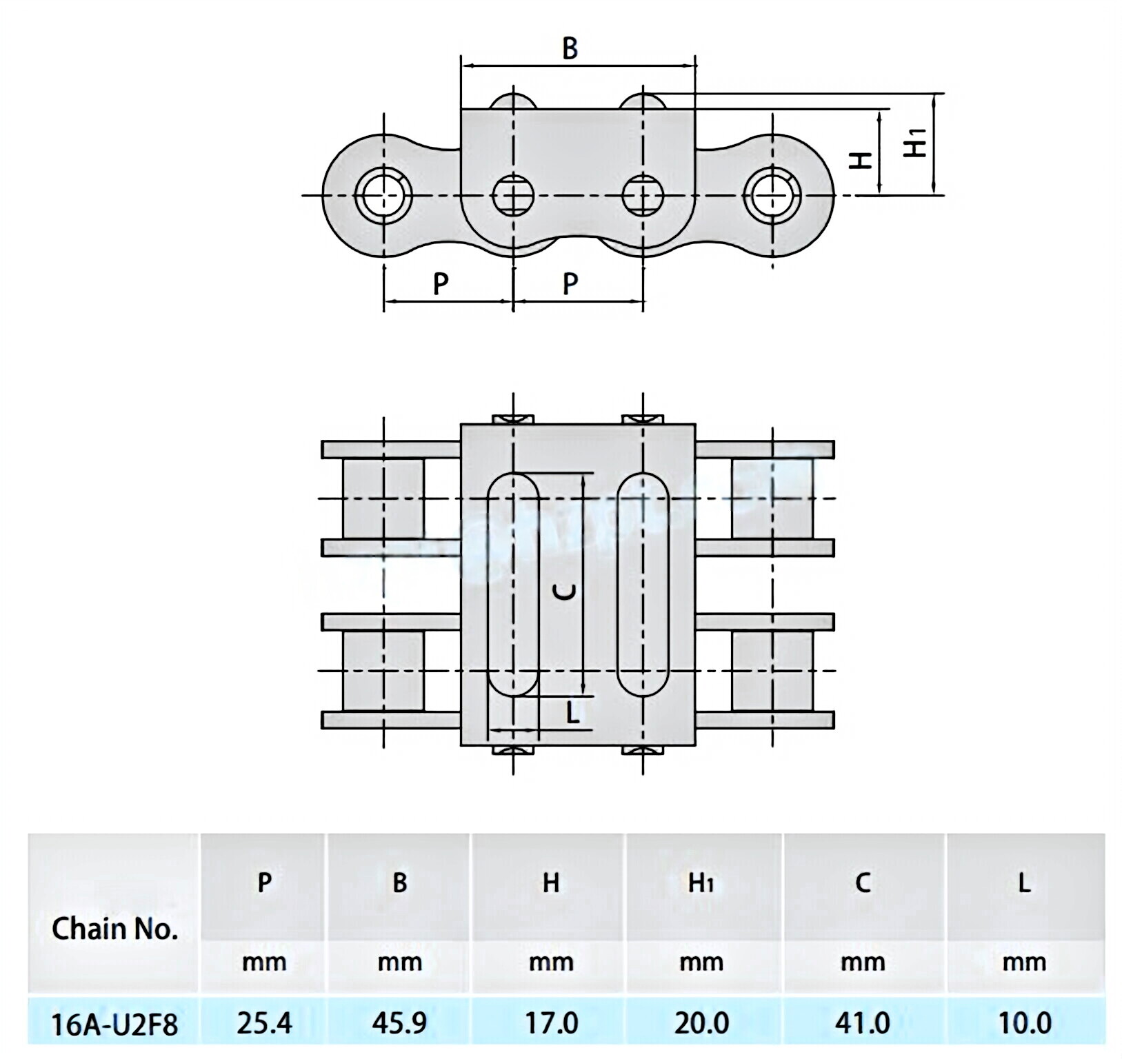 Roller Chains with U Type Attachments 16A-U2F8/16A-U2F9