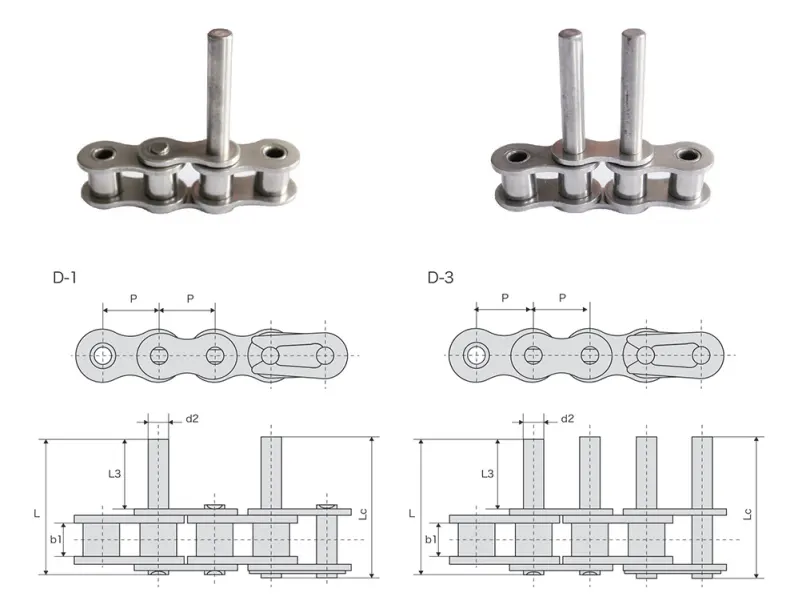 20ASS/100SS Stainless Steel Short Pitch Conveyor Chain with D1 D3 Extended Pin Attachments