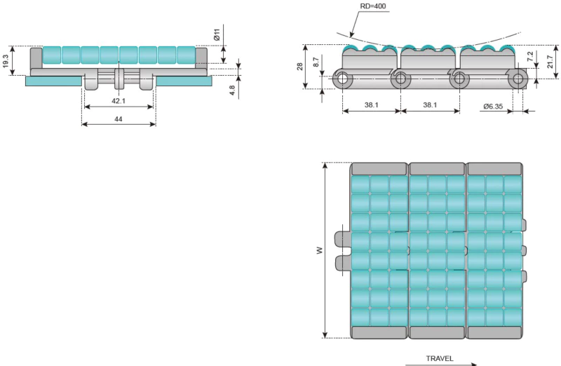 Plastic Flat Top Chains Single Hinge Straight Running With Low Noise Accumulation Rollers Replacement Of System Plast LBP831 - K450