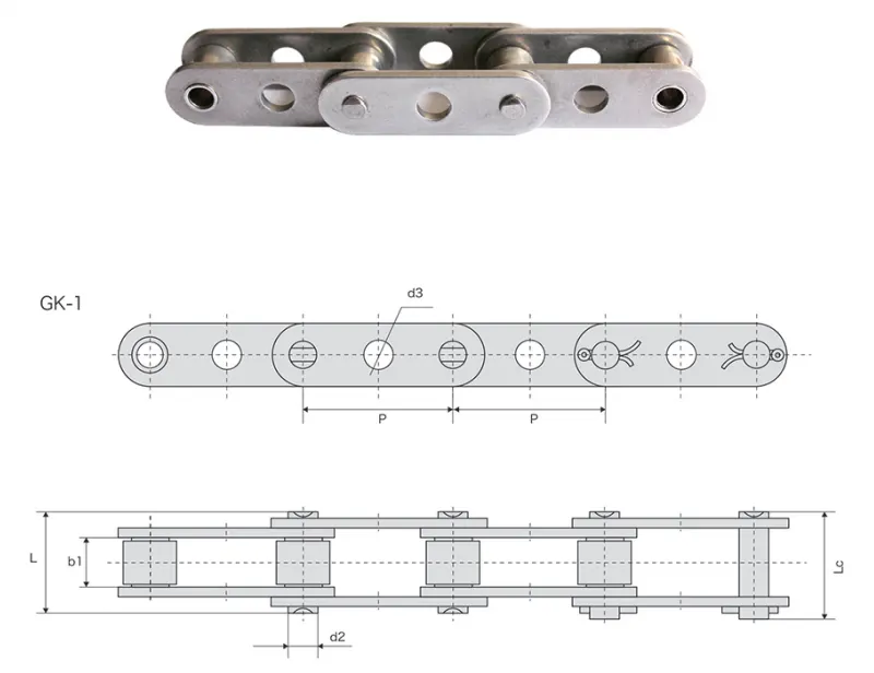 C212AHSS/C2060HSS Stainless Steel Double Pitch Chain with Hole in the Middle of Plate GK1 Attachment