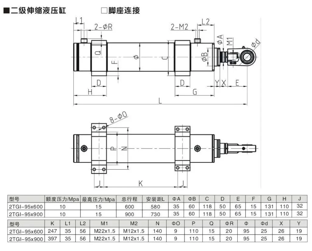 Foot Joint Two Stage Telescopic Hydraulic Cylinder